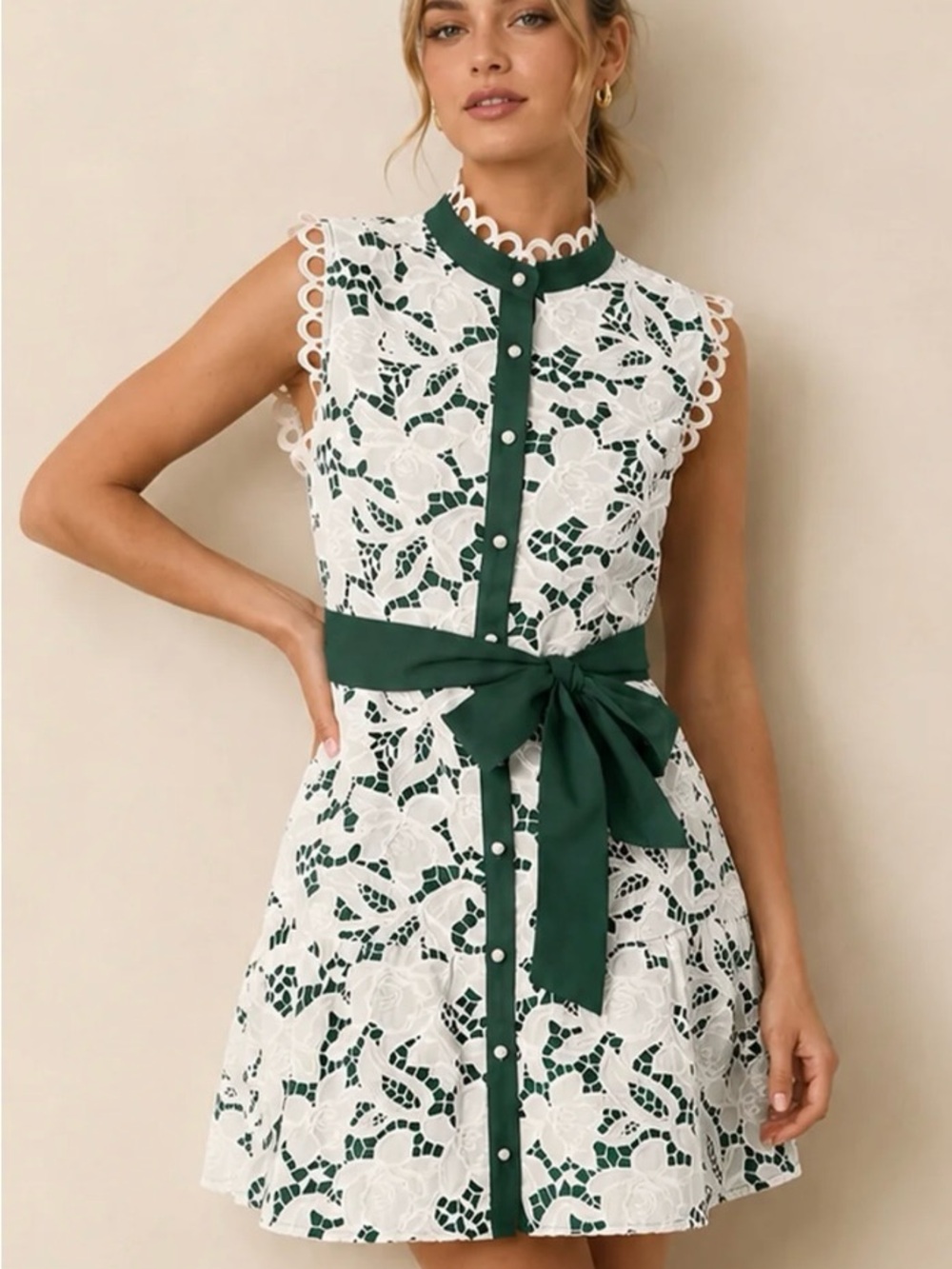 Commense White Lace Mini Dress with Dark Green Trim and Waist Bow